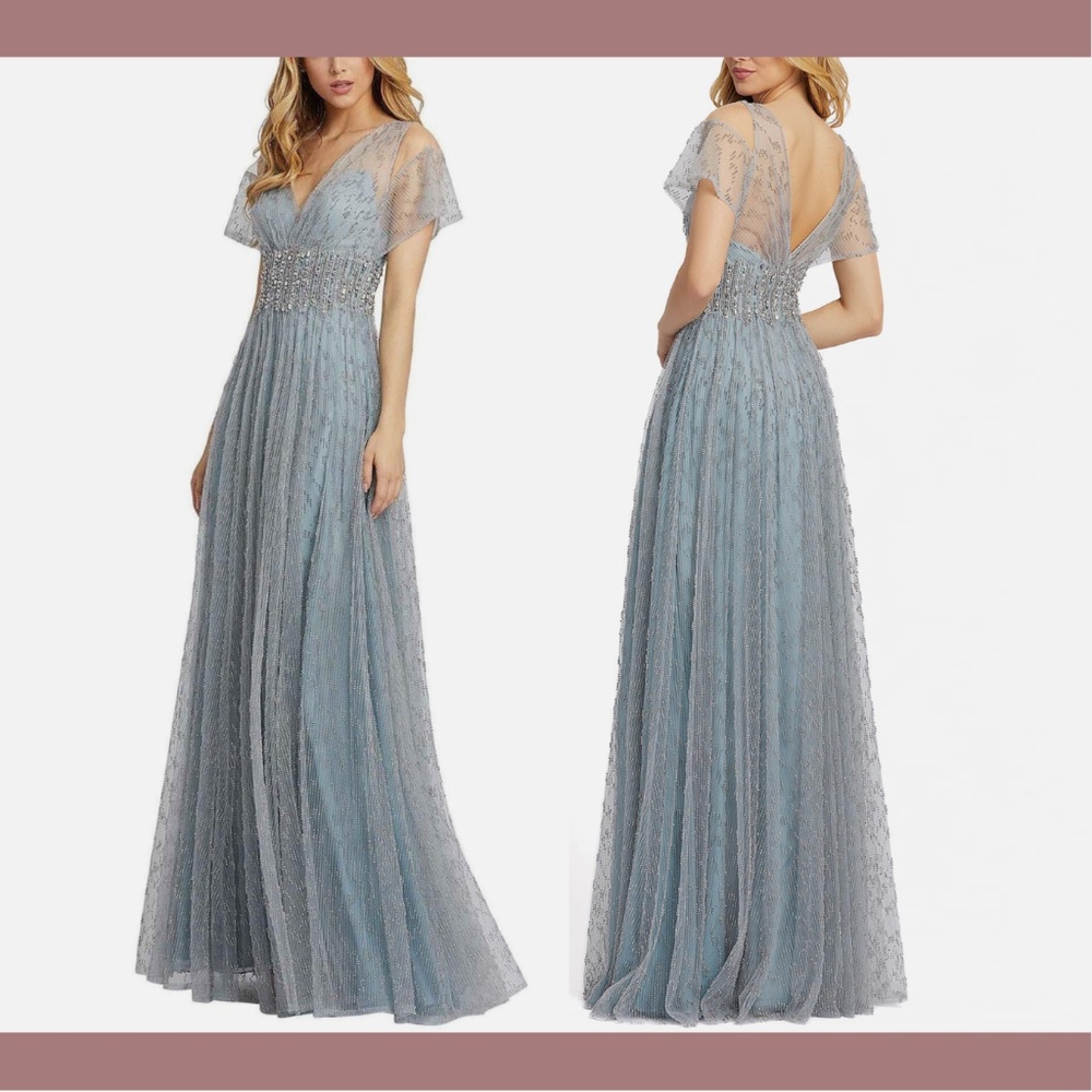 NEW $998 Mac Duggal [‎ 4 ] Cold Shoulder Embellished Pearl Gown in Sterling Grey